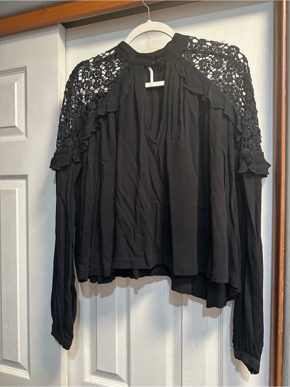 Free People Black Crochet Yoke Ruffle Long-Sleeve Blouse